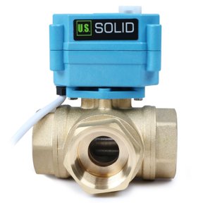 U. S. Solid 3 Way L Type IP67 Motorized Ball Valve with Hand Wheel 1 in NPT Standard Port Brass AC 110-230V 2 Wire Auto Return Wiring Normally Closed Blue Casing