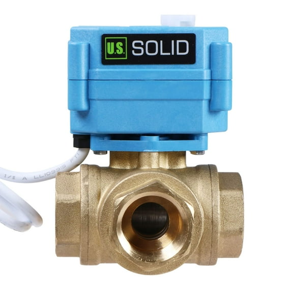 U. S. Solid 3 Way L Type IP67 Motorized Ball Valve with Hand Wheel 3/4 in NPT Standard Port Brass AC 110-230V 2 Wire Auto Return Wiring Normally Closed Blue Casing