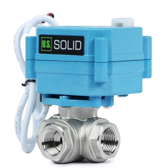 U. S. Solid 3 Way L Type IP67 Motorized Ball Valve with Hand Wheel 3/8 in NPT Standard Port Stainless Steel AC/DC 9-24V 2 Wire Auto Return Wiring Normally Closed Blue Casing
