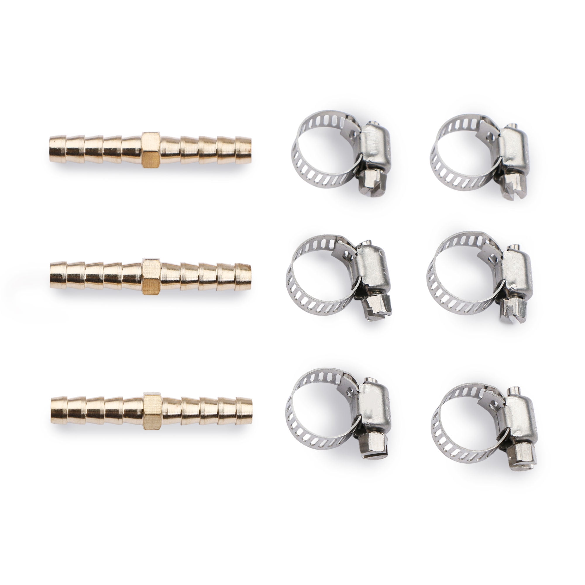 U.S. Solid 3pcs Brass Hose Barbed Splicer Fitting Connector with 6 Clamps, 1/4in Barb