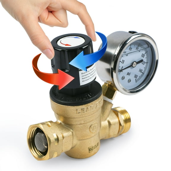 "U.S. Solid Camper Pressure Regulator Valve 3/4"" NH Brass Thread RV Water Regulator with Gauge, Lead Free, 160 PSI"