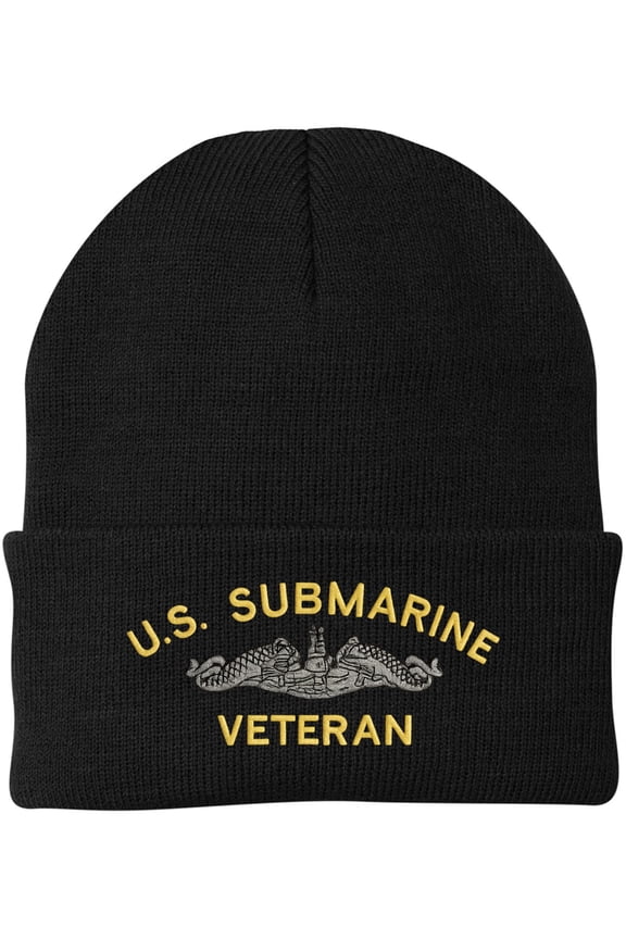 U.S. Submarine Veteran Embroidered Beanie Navy Veteran Knit Cuffed Hat (Black)