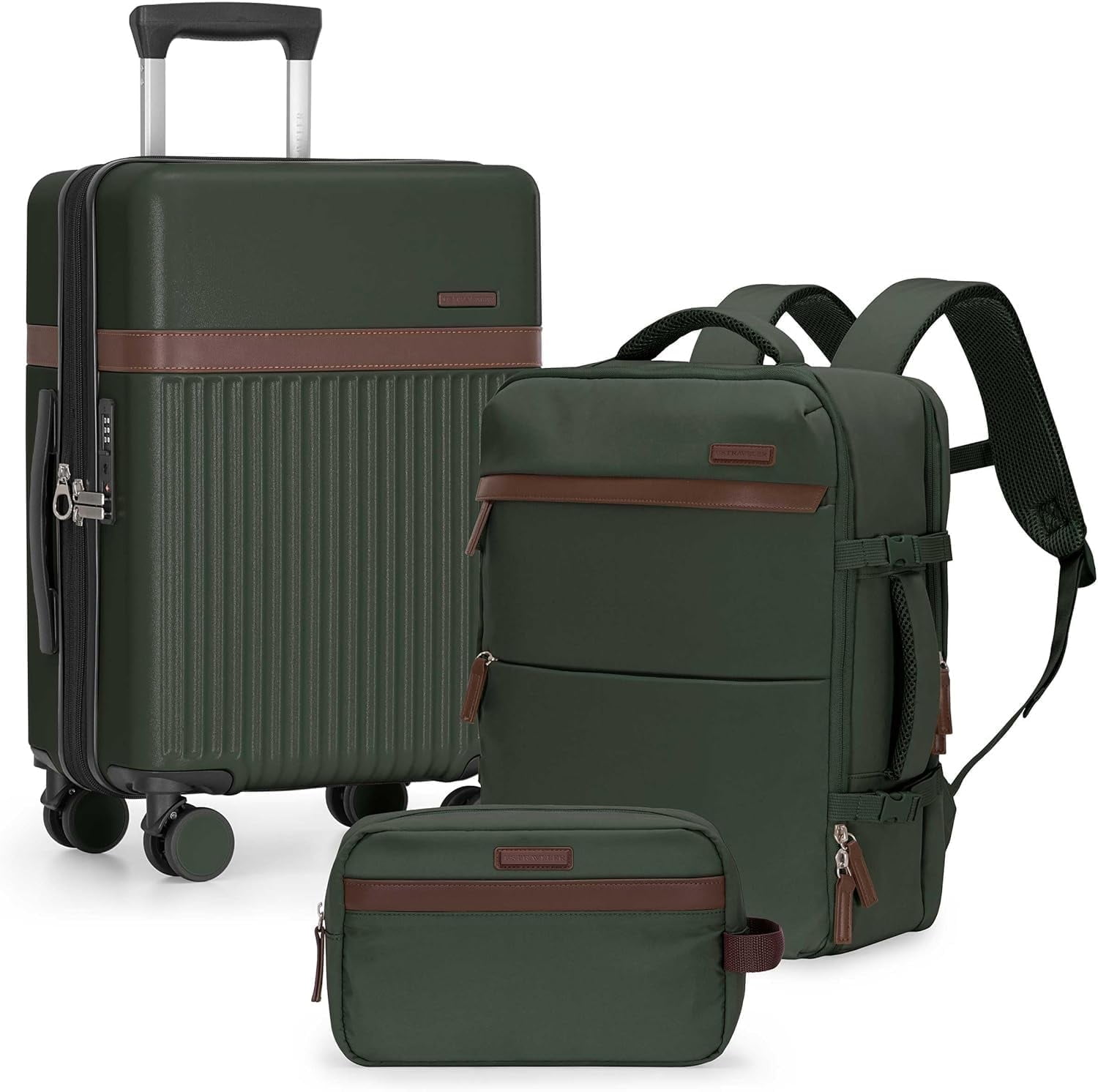 U.S. Traveler 3-Piece Luggage Set with Backpack, 21-Inch Carry-on Hardside Expandable with Spinner Wheels, TSA Lock, 18-Inch Travel Backpack with Laptop Sleeve, 3-Piece Travel Set, Green