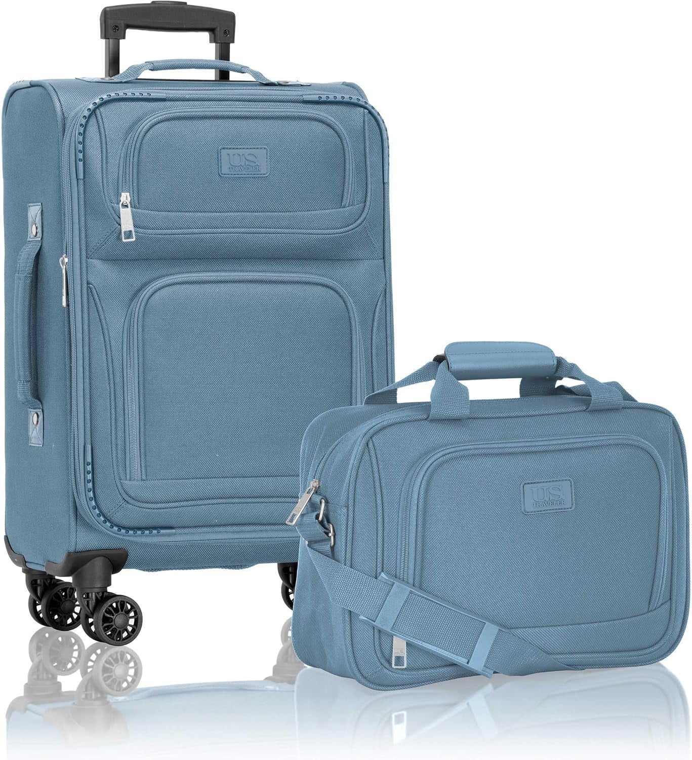 U.S. Traveler Rio 2-Piece Expandable Softside Carry-on Luggage Set - Spinner Wheels, TSA-Approved, Tote Bag, Lightweight Travel Suitcase, Light Blue (22/14)