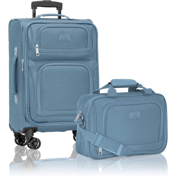 U.S. Traveler Rio 2-Piece Expandable Softside Carry-on Luggage Set - Spinner Wheels, TSA-Approved, Tote Bag, Lightweight Travel Suitcase, Light Blue (22/14)
