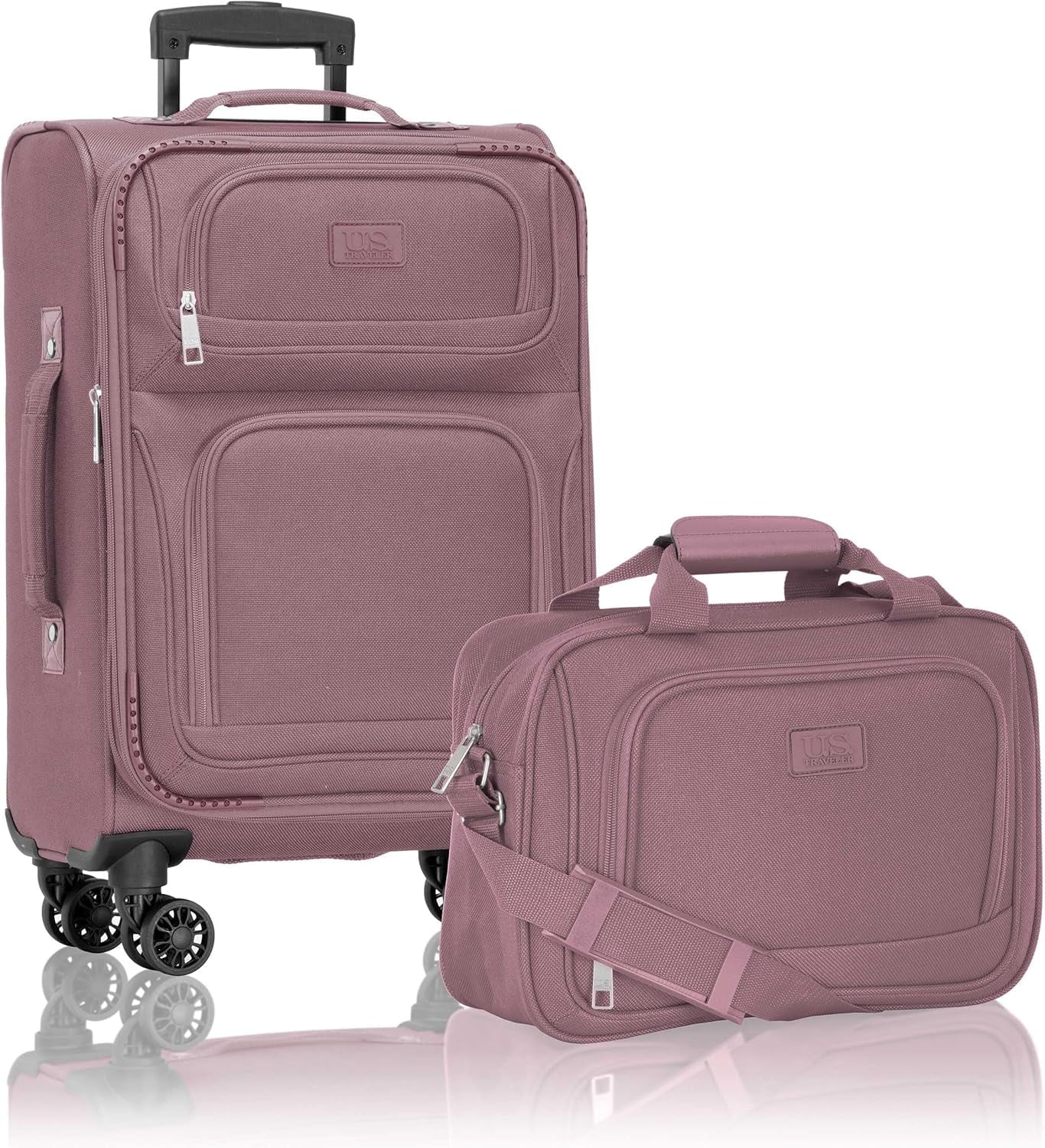 U.S. Traveler Rio 2-Piece Expandable Softside Carry-on Luggage Set - Spinner Wheels, TSA-Approved, Tote Bag, Lightweight Travel Suitcase, Mauve (22/14)