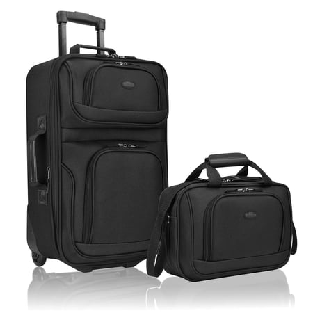 U.S. Traveler Rio Rugged Fabric Expandable Carry-on Luggage, 2 Wheel Rolling Suitcase, Black, 2-Piece