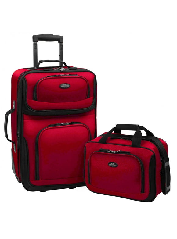 U.S. Traveler Rio Rugged Fabric Expandable Carry-on Luggage, 2 Wheel Rolling Suitcase, Red, 2-Piece