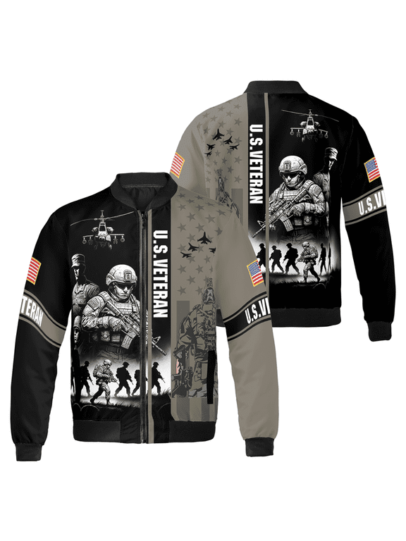 U.S. Veteran Bomber Jacket – Military Tribute Design with Soldiers, Flag & Helicopter – American Army Style Outerwear – Patriotic Gift for Veterans Jacket