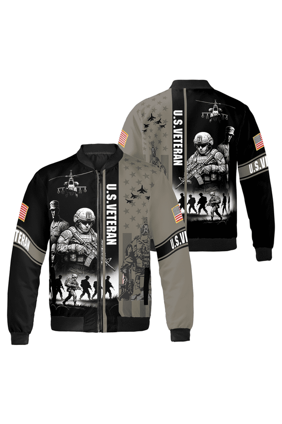U.S. Veteran Bomber Jacket – Military Tribute Design with Soldiers, Flag & Helicopter – American Army Style Outerwear – Patriotic Gift for Veterans Jacket