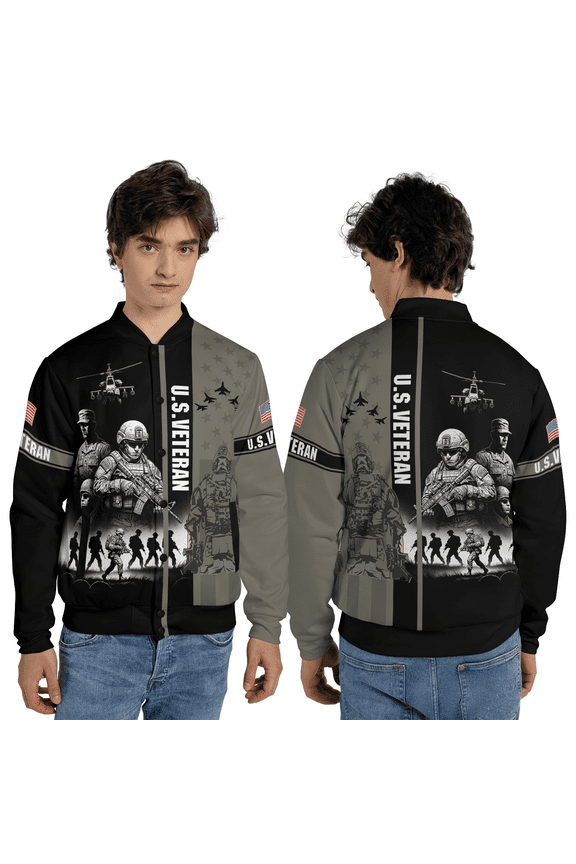 U.S. Veteran Military Tribute Baseball Jacket, Tactical Soldier Silhouette Graphic Baseball Jacket, Patriotic Armed Forces Art Jacket