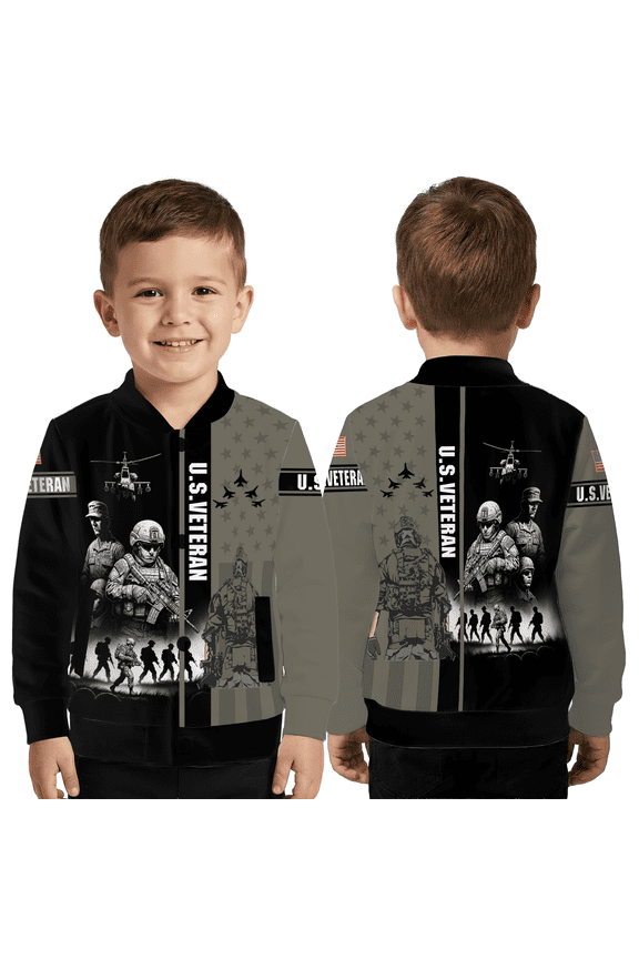 U.S. Veteran Military Tribute Jacket, Tactical Soldier Silhouette Graphic Outerwear Jacket, Patriotic Armed Forces Art Jacket