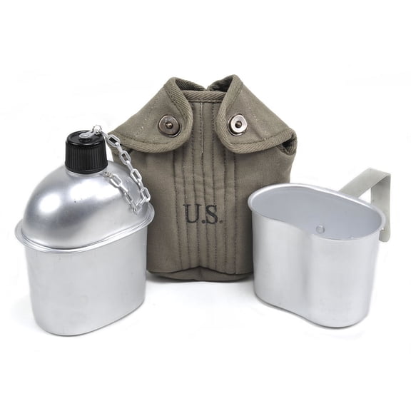 U.S. WW2 Canteen, Dark OD Canteen Cover dated 1944 and Canteen Cup