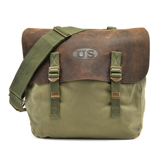 U.S. WW2 M1936 Musette Bag with Shoulder strap and Leather Flap Dark OD marked JT&L 1944