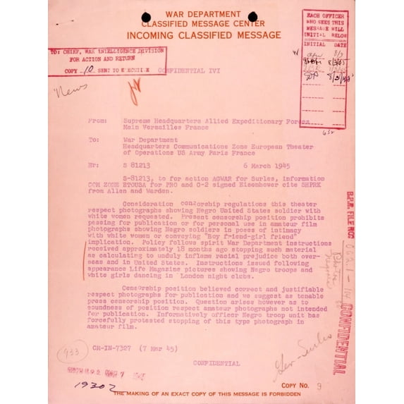 U.S. War Department Classified Message Defining Censorship Of Images Of African American Troops. The Text '�Prohibits Photographs Showing Negro Soldiers In Poses Of Intimacy With White Women Or