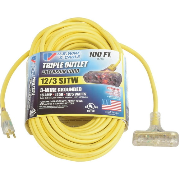 U.S. Wire 100 Ft. 12/3 SJTW-A Pow-R-Block Extension, Round, Yellow, 300V, Illuminated Plug