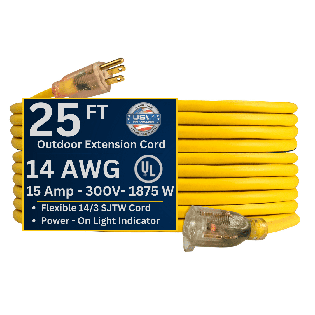 U.S. Wire And Cable 73025 25 ft. Three Conductor Yellow Temp-Flex Lighted Plug Cord, 14 & 3 gal - 300V - 15A