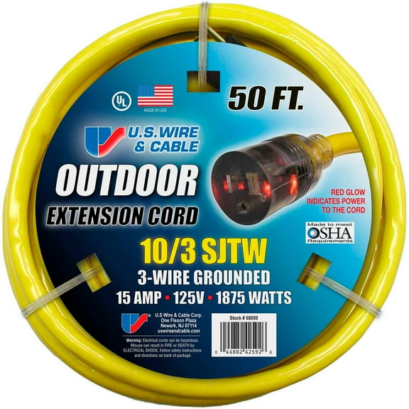 USW 50-Foot 10/3 Heavy-Duty Yellow Extension Cord with Lighted Plug – High-Visibility, Flexible Vinyl Jacket, 15 Amp, SJTW, Outdoor/Indoor Use