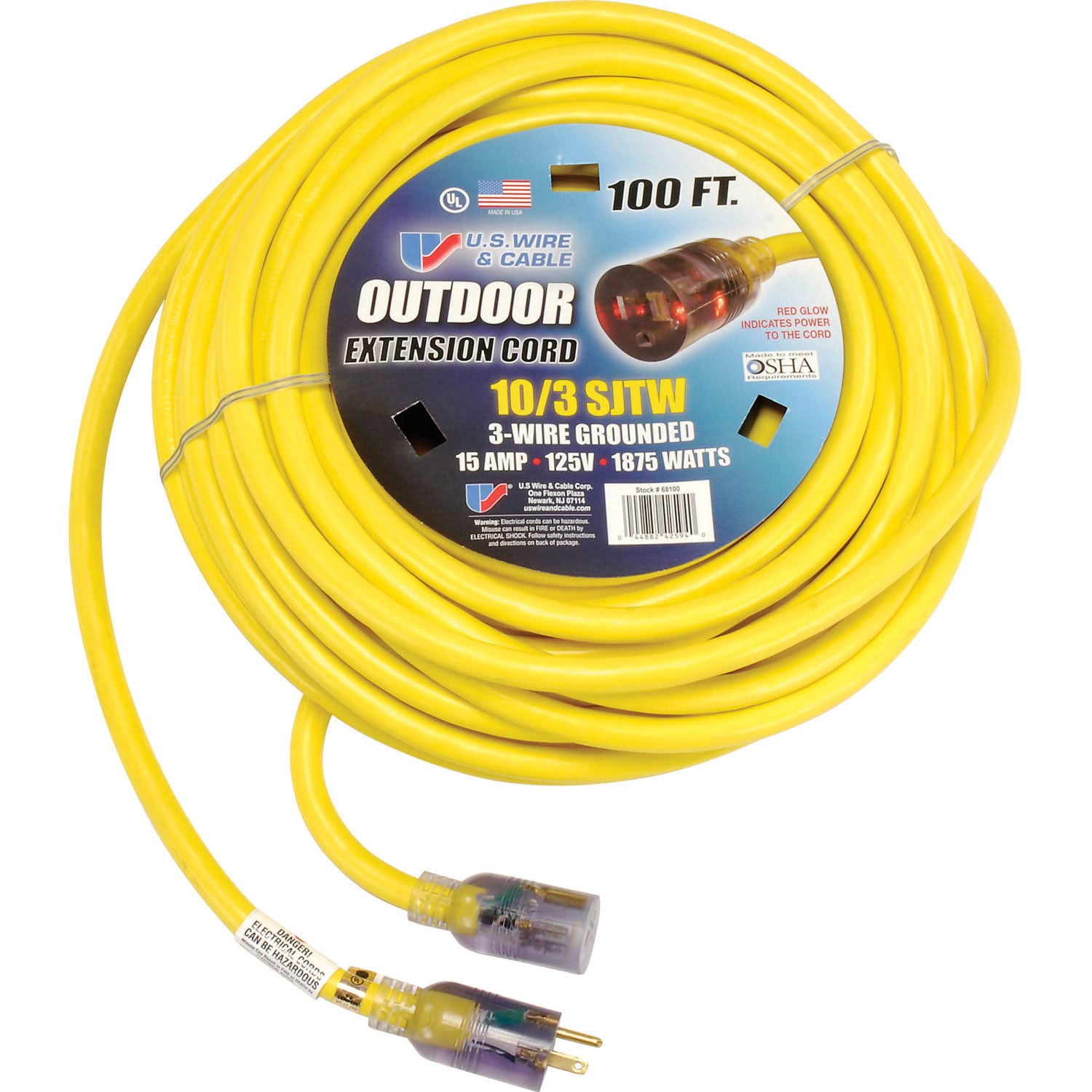 USW 100-Foot 10/3 Heavy-Duty Yellow Extension Cord with Lighted Plug – High-Visibility, Flexible Vinyl Jacket, 15 Amp, SJTW, Outdoor/Indoor Use