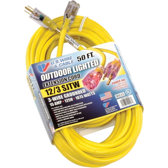 USW 12/3 50ft SJTW Yellow Heavy Duty Lighted Plug Extension Cord