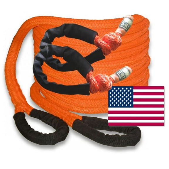 U.S. made 1 inch X 30 ft "Safety Orange" Safe-T-Line Kinetic Snatch Rope with Soft Shackles (pair) - 4X4 VEHICLE RECOVERY)