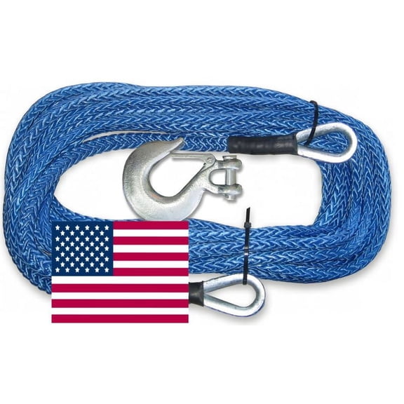 U.S. made 3/8 inch x 50 ft. SYNTHETIC WINCH ROPE EXTENSION - 20,000 lb. MBS with MEGA HOOK (4X4 VEHICLE RECOVERY)