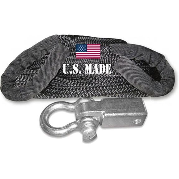 U.S. made KINETIC Snatch Rope MILITARY-GRADE (BLACK) - 1 inch X 30 ft with Receiver Shackle Bracket (4X4 VEHICLE RECOVERY)