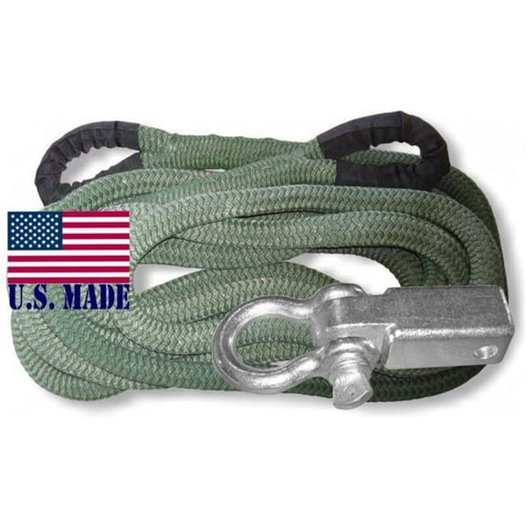 U.S. made ''MILITARY GREEN'' Safe-T-Line- Kinetic Recovery (Snatch) ROPE - 1 inch X 30 ft with Receiver Shackle Bracket (4X4 VEHICLE RECOVERY)