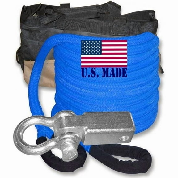 U.S. made ''SAFETY BLUE'' Safe-T-Line- Kinetic Snatch ROPE - 1 inch X 30 ft with Receiver Shackle Bracket & HD Carry Bag (4X4 VEHICLE RECOVERY)