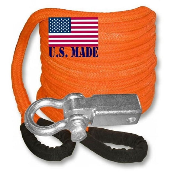 U.S. made Safety Orange - Kinetic RECOVERY ROPE (Snatch Rope) - 1 inch X 30 ft with Receiver Shackle Bracket (4X4 VEHICLE RECOVERY)
