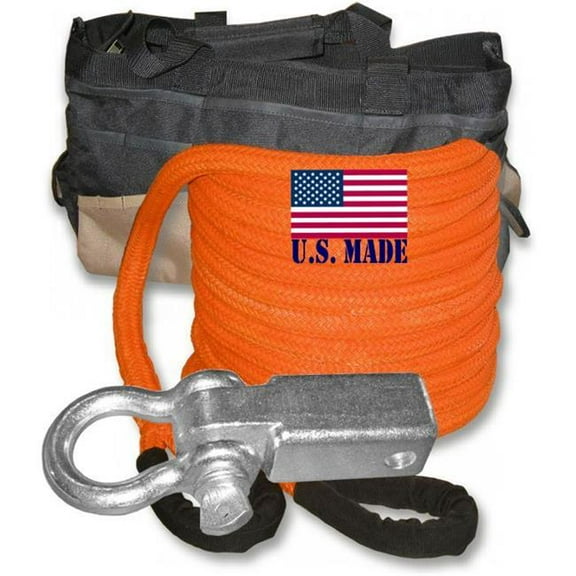 U.S. made ''Safety Orange'' Safe-T-Line- Kinetic RECOVERY ROPE (Snatch Rope) - 1 inch X 30 ft with Receiver Shackle Bracket & HD Carry Bag (4X4 VEHICLE RECOVERY)