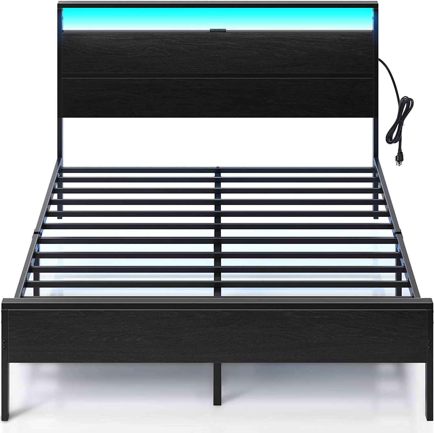 U-SHARE Bed Frame with Charging Station, Twin Bed with LED Lights Headboard, Metal Platform, Strong Metal Slats, 10.2” Under Bed Storage Clearance, No Box Spring Needed, Noise Free