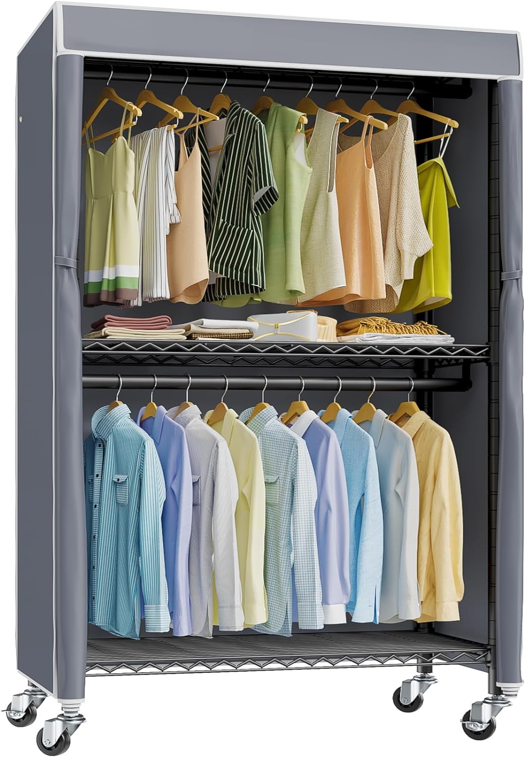 USHARE Heavy Duty Rolling Garment Rack with Cover Clothing Rack for