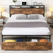 U-SHARE King Size Bed Frame with Storage King Bed Frame and Headboard Charging Station, Rustic Wood Platform Bed Frame with 2 Drawers, No Box Spring Needed, Noise Free, Vintage Brown
