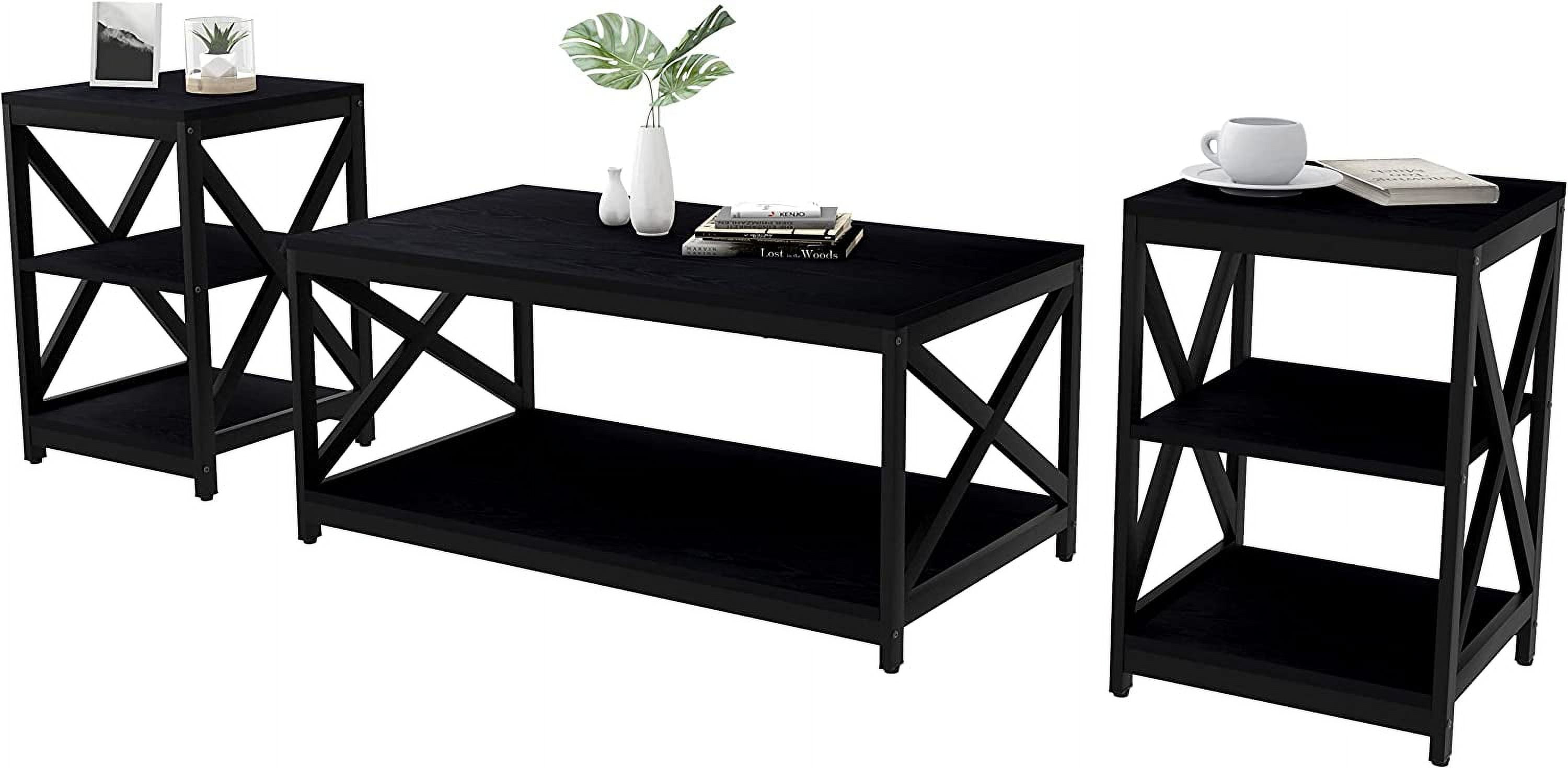 Black Modern 3-Piece Coffee Table and End Tables Set with Storage