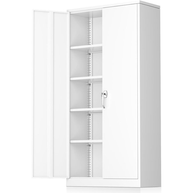 USHARE Metal Garage Storage White Steel Lockable with 2 Doors and 4 Adjustable