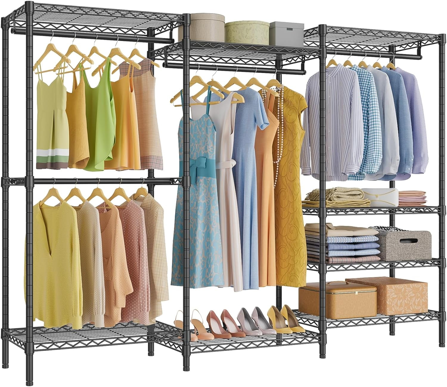 Black Heavy Duty Freestanding Metal Closet Rack with Shelves and Hanging Rods