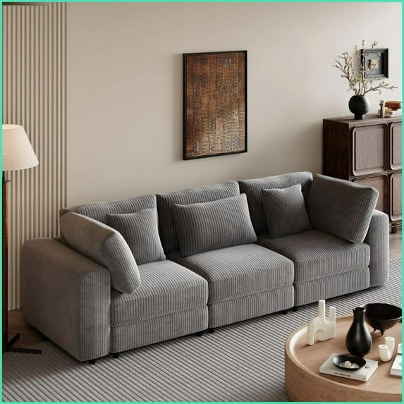 U_STYLE 105'' 3-Seater Light Luxury Corduroy Sofa with Removable Cushions & 5 Pillows for Living Room | Gray | Corduroy | Square Arms