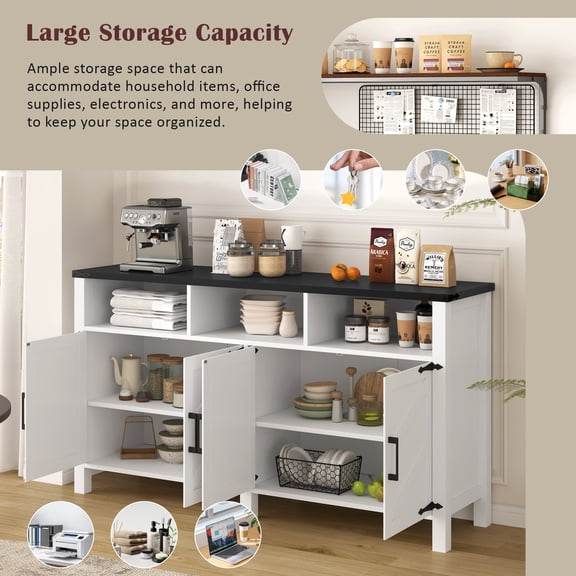 U_STYLE 59'' Modern 4-Door Sideboard Buffet with Power Outlets & USB Ports, Adjustable Shelves and Half-Open Storage Cabinet, Metal Accents & Aluminum Handles for Living Room, Dining Room, Entryway