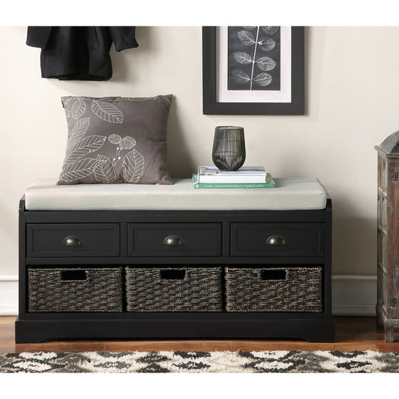 U_STYLE Homes Collection Wood Storage Bench with 3 Drawers and 3 Baskets - Dimensions: 47.44" x 22.8" x 17.1" (MDF),Black