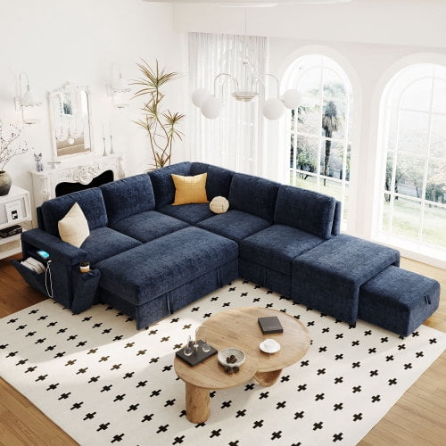 U_STYLE L-Shaped Pull-Out Sofa Bed with Storage, USB Ports & Cup Holders, Modular Convertible Sleeper for Living Rooms, Offices & Apartments, Blue