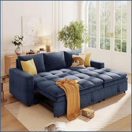 U_STYLE Modern L-Shaped 3-Seat Sofa Bed with Storage & Polyester Fabric for Living Rooms | Polyester | Loose Back | Blue