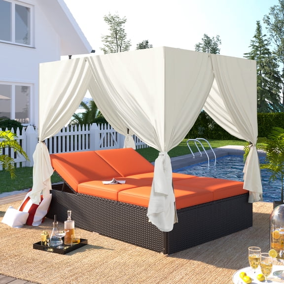 U_STYLE Outdoor Double Chaise Lounge Daybed with Curtains - Adjustable Patio Daybed, Steel Frame, Weather Resistant, Orange, 650lbs Capacity