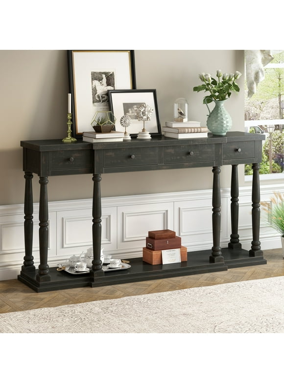 U_STYLE Retro Senior Console Table for Hallway Living Room Bedroom with 4 Front Facing Storage Drawers and 1 Shelf