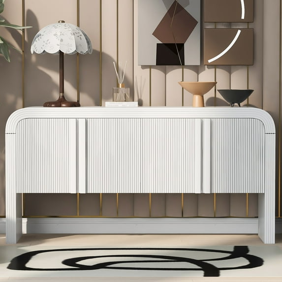 U_STYLE Striped Storage Cabinet with 4 Doors, Adjustable Shelves, Suitable for Study, Entrance, and Living Room (MDF) - Dimensions: 66.93" x 18.9" x 11.02",White