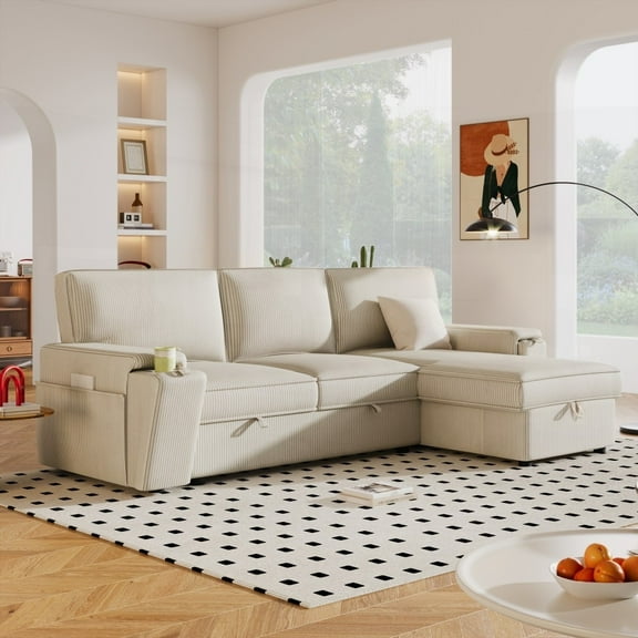 U_STYLE Upholstered Sleeper Sectional - Storage & Armrest Cup Holders