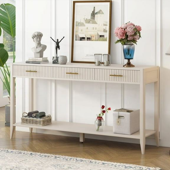 U_STYLE's 60" Console Table - 3 Drawers & Storage, Farmhouse Sofa Table in Beige