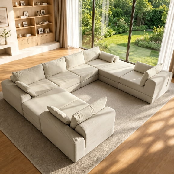U Sectional Sofa Couch Set,Modular 130"U Shaped Floor Living Room Sofa Set With 4 Pillows,DIY Combination Sofa Couch for living rooms, apartments,bedrooms,Camel,corduroy