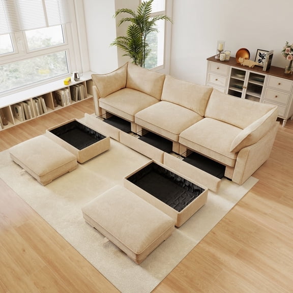 U Shape 3-Seat Sofa: Crescent-Designed, Wraparound Cushions & Stor, Enhances Home Aesthetic with Piping