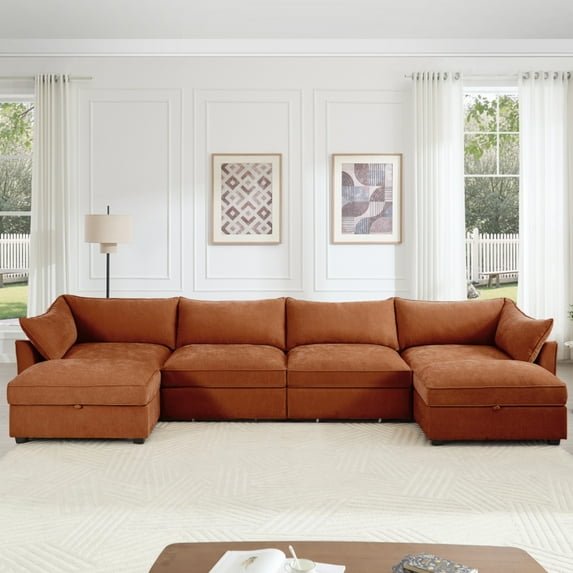 U Shape 4 Seater Cloud Couch Sectional Sofa with 2 Movable Ottomans, Living Room Couch, Oversized Modular 6-Seat Sofa with Storage Drawers Under Each Seat, Chenille Orange